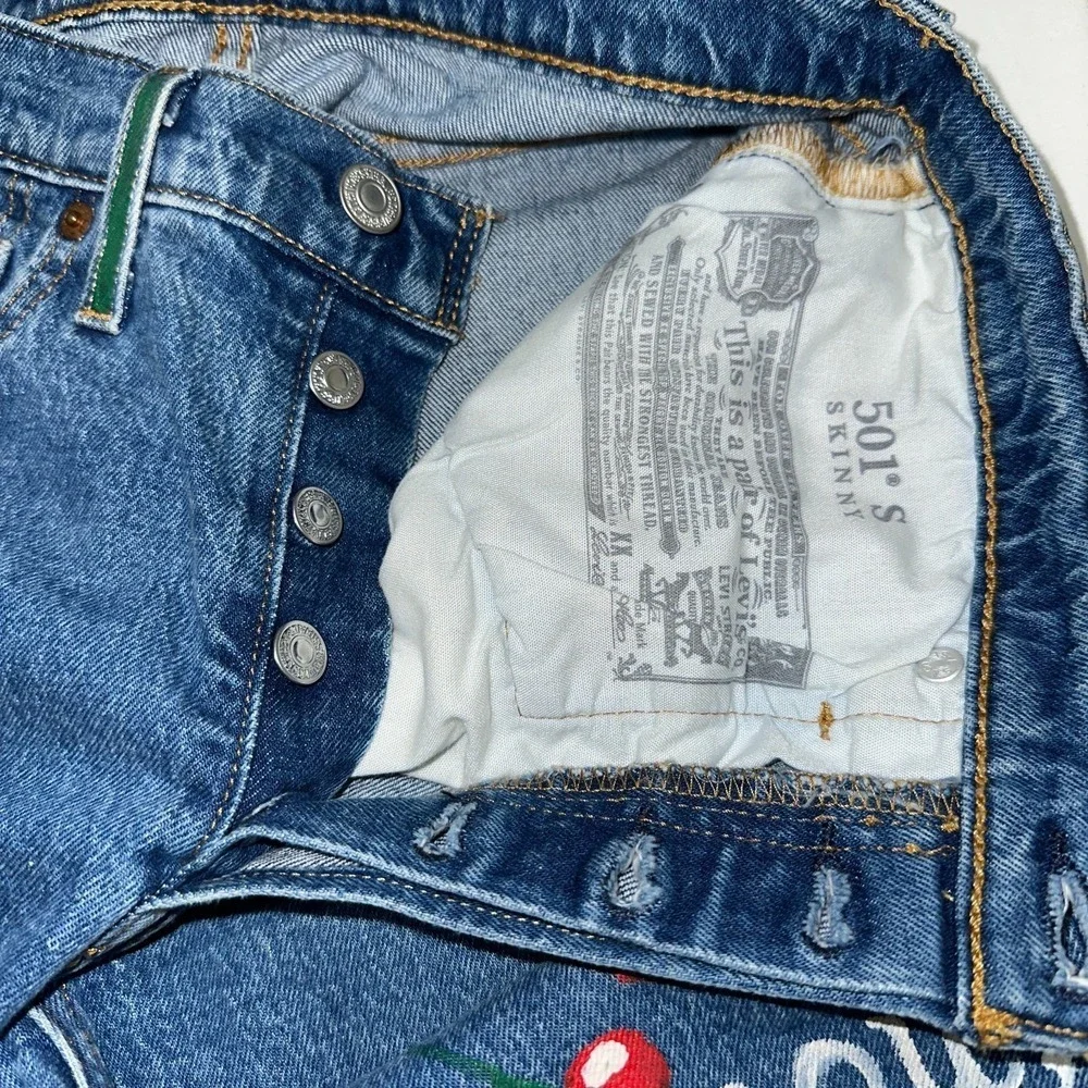 Levi's 501 Women Jeans‎ Button Fly Skinny Custom Handpainted Cherry French W28